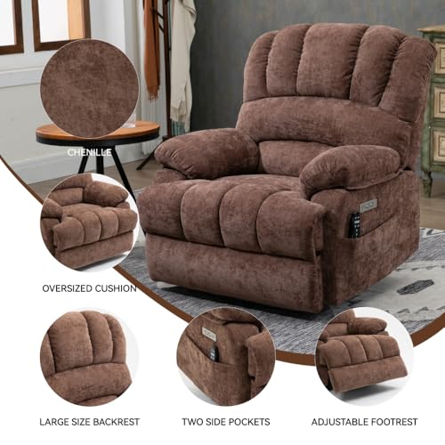 Image of Extra Large Power Lift Recliner Chair with Massage, Lumbar Heat, and USB Charging - Ideal for Enhanced Comfort and Mobility (42 x) (Brown + Chenille + Fiber Foam and Polyester Fiber Pad)