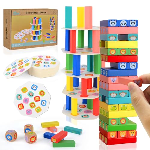 Jeu d'Équilibre en Bois 4 en 1 - Tour en Bois Enfant 3 Ans et Plus, Jouet Montessori Éducatif, Jeu de Société de Construction et d'Adresse, Idéal comme Cadeau à...
