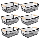 6Pack Black Wire Basket with Wooden Handle, Storage Bins for Pantry, Metal Mesh Basket for Kitchen Organization, Snack Organizer for Home Cabinet Closet Bathroom Fridge Fruit Makeup and Office