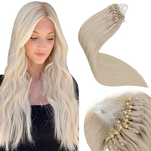 LAAVOO Human Hair Extensions Light Blonde Micro Loop Human Hair Extensions Blonde 16 inch 50g/50s Hair Extensions Real Human Hair Blonde