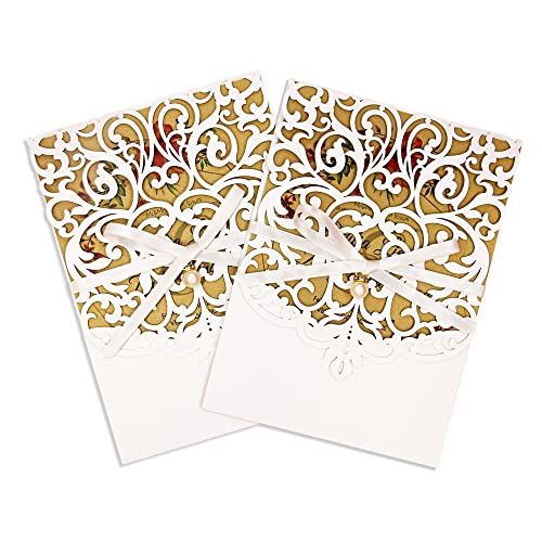 PCORES Laser Cut Invitations White Wedding Invitation with Envelopes and Ribbon Belly Band Pearl Embellishments, Blank Inner Sheet & Rsvp Cards for Wedding Bridal Shower(5 x 7, 40 pcs)