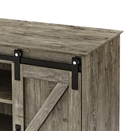 GOOD & GRACIOUS Farmhouse TV Stand with Sliding Barn Doors for 65 inch TV, Entertainment Center with 3-Tier Adjustable Open Storage Shelves Cabinet for Living Room, Grey (Sideboard) - Thumbnail 3