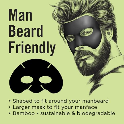 Fuss Free Naturals Sheet Face Mask for Men With Beards + Facial Hair, Mens Skincare Bamboo Sheet Mask, Cleanse and Detox With Tea Tree + Activated Charcoal - Pack of 3 Sachets - Image 4