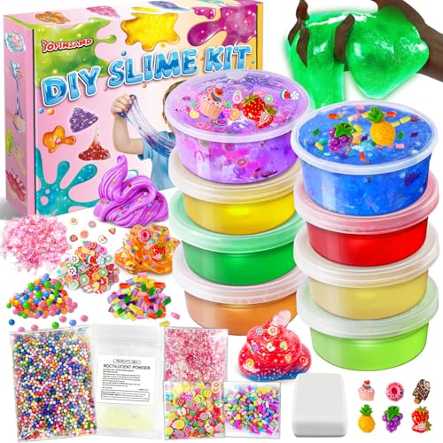 YOPINSAND 8 Colores DIY Slime Kit, Slime Making Kit para Niñas, Crystal Clear, Glow in The Dark Slime con Complementos Bolas de Espuma, Amuletos, Purpurina, Juguetes de Regalo para Niños