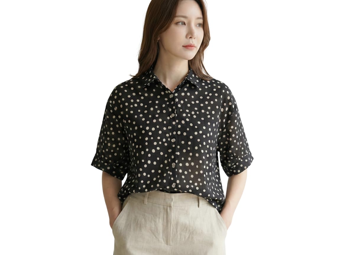 lomee Women’s Black Polka Dot Cotton Voile Shirt | Half Sleeve Design | Button Front Top | Free Size-picture-22