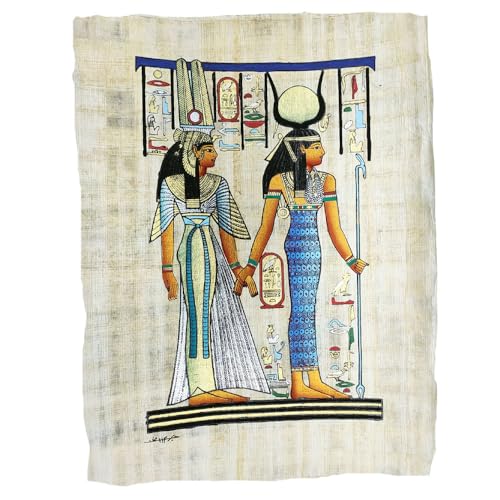 Papiro Egipcio Auténtico, Pergamino de Arte Tradicional con Diosa Hathor y Reina Nefertari, Hecho a Mano en Egipto, 22x33 cm