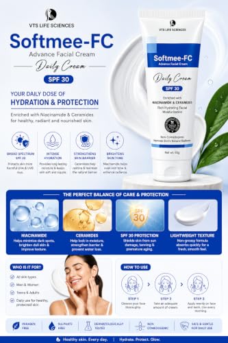 Image of Softmee-FC Advance Facial Cream, SPF 30, with Niacinamide & Ceramides, Non-Comedogenic, 60g