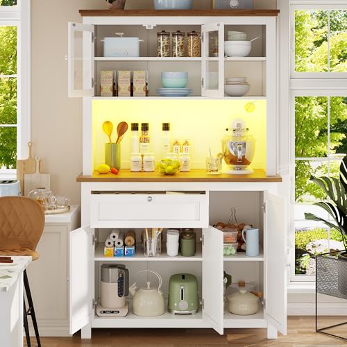 LAKFEW Küchenschrank mit Arbeitsplatte und LED-Beleuchtung, Buffetschrank Küchenschränke mit Verstellbaren Ablagen, Küchenbuffet mit 3 Türen und Schubladen, Küchenmöbel, Weiß, 104x40x180, Weiß
