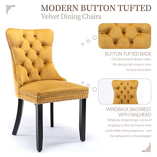 Ayoodfo Velvet Dining Chair Set Of 2, Upholstered Dining Room Chairs With Nailhead Trim And Back Ring Pull, Modern Luxury Tufted Dining Chairs For Kitchen, Dinning Room, Yellow #TOP5