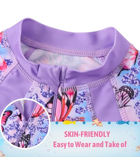 Image of Girls Long Sleeve Rashguard Half Zip Swimsuits UPF 50+ Two Piece Swim Sets with Hairband 5-12Y | Two Piece Swim Sets with Hairband