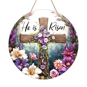 WaaHome He is Risen Sign Wreath for Front Door Decor Religious Cross Easter Hanging Door Decorations Farmhouse Flower He is Risen Door Sign Hanger for Home Spring Wall Indoor Outdoor Decorations