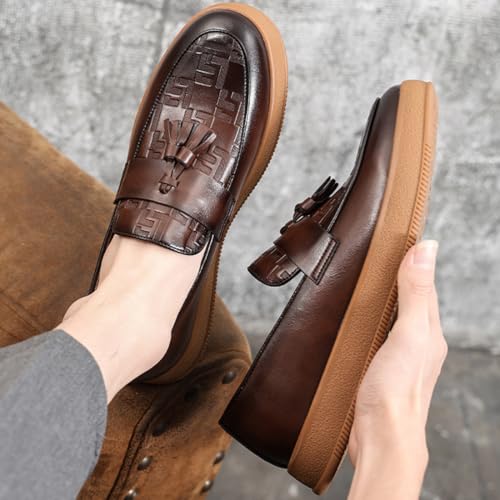 Men's Plaid Pattern Leather Slip On Tassel Loafers, Round Toe Low Top Comfort Non-Slip Luxury Dress Shoes, for Dating Business Party3