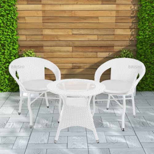 Image of BRISHI 3-Piece Outdoor Rattan Wicker Patio Coffee Table Set with White Cushion | Garden Furniture for Balcony, Terrace, Poolside & Porch | Waterproof Bistro Sets for Home & Backyard (White)