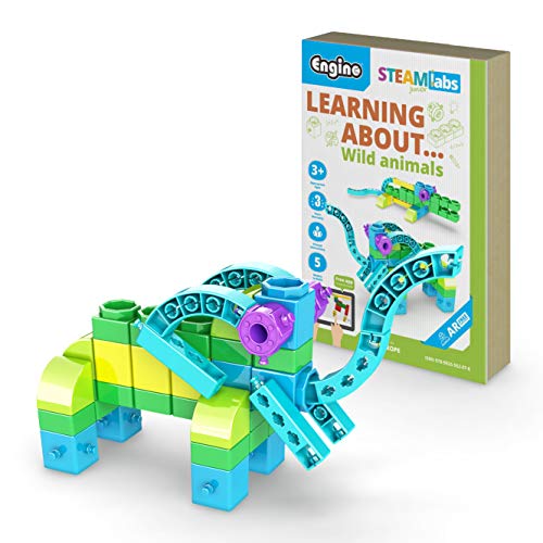 Engino: STEAM Labs Junior: Learning About…Wild Animals - 5 Model Toy Brick Building Set, Facts Storybook & Number Activities, Stack & Click, Kids 3+
