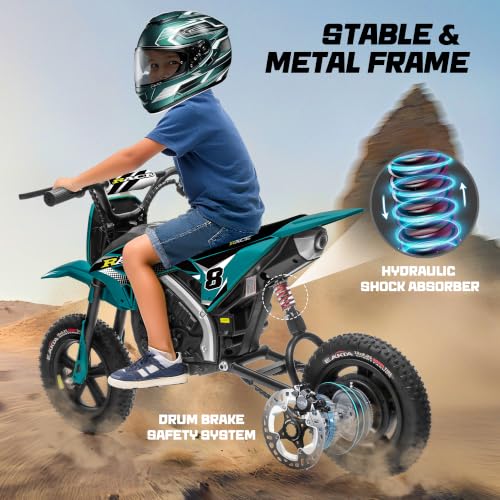 Image of 24V Kids Electric Dirt Bike - 250W Electric Motorcycle, 11 Mph Max Speed Electric Motorcycle Mini Bike with Music, 10 Miles Range, Twist Grip Throttle, Metal Suspension, Rubber Tires (Dark Green)
