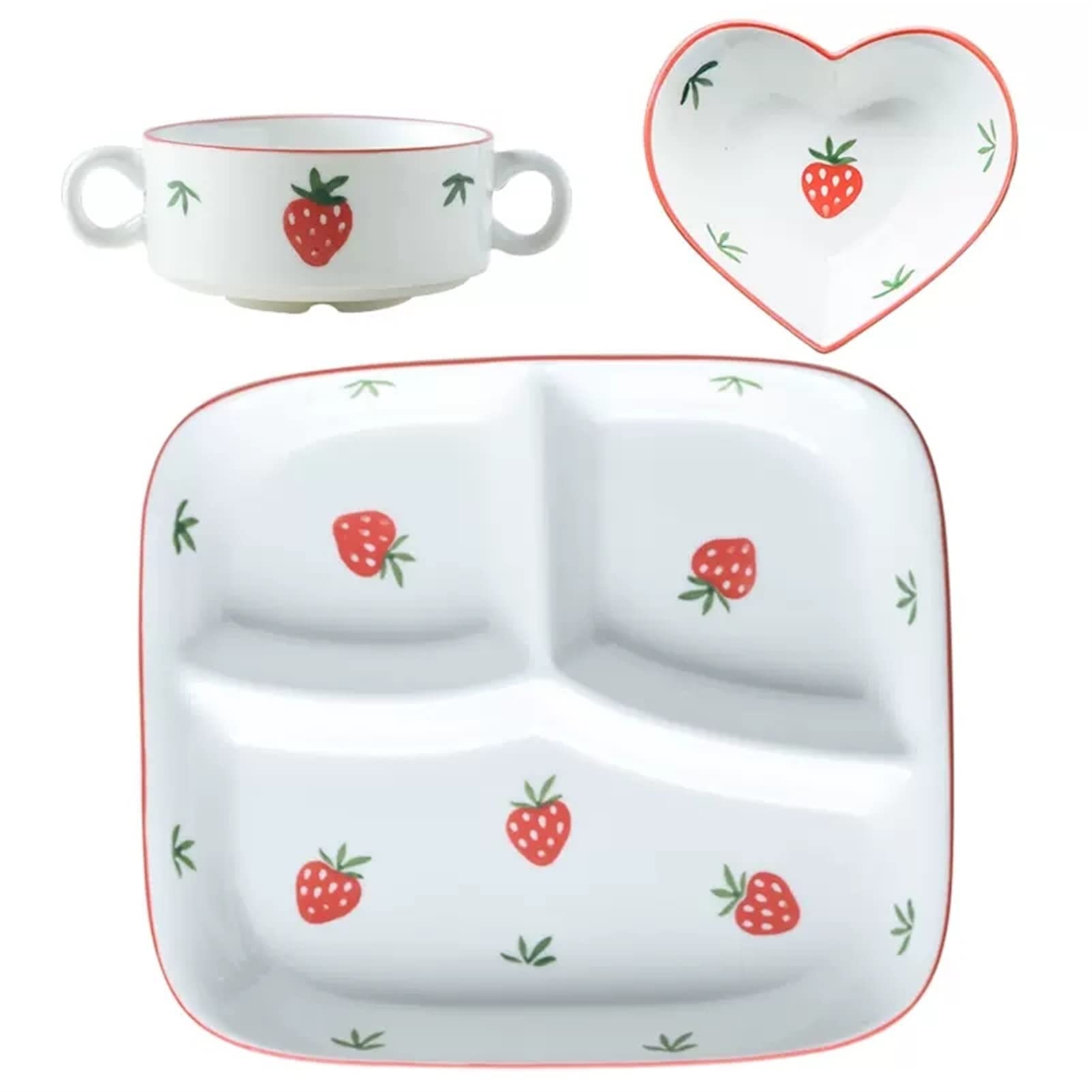 Fodalob Stoviglie per la Gestione del Peso - Dink per Ceramica da 3 Pezzi per Adulti, Set di Piastre e Ciotole per la Fragola, Micro-Onda e lavastoviglie, Ottimo Regalo per Il Compleanno