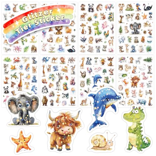 Tier Glitzer Sticker für Kinder, 8PCS Glitzereffekt Über 200 Motiv Tier Aufkleber, Wasserdicht Glitzersticker, Scrapbooking, Fotoalbum, Geschenke