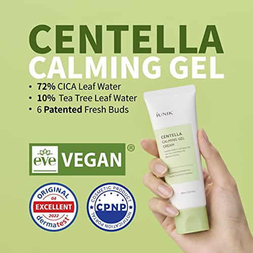 Iunik Centella Calming Gel Cream Vegan Non-Sticky Face Moisturizer Acne-Prone Sensitive Oily Dry Skin Hydrating Plant-Based - Centella 70% Tea Tree Water 10% Rosacea Breakout Blemish Korean Skincare #TOP1