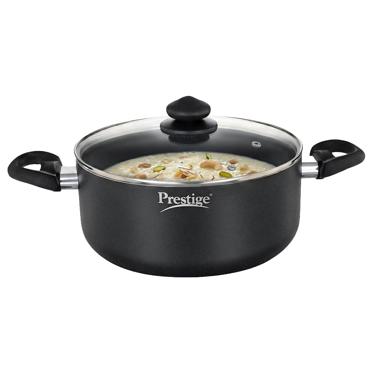 Prestige Omega Deluxe Granite Non-Stick Round Base Sauce Pan with Glass Lid, 26cm, 5.75 L (Black)-image-49