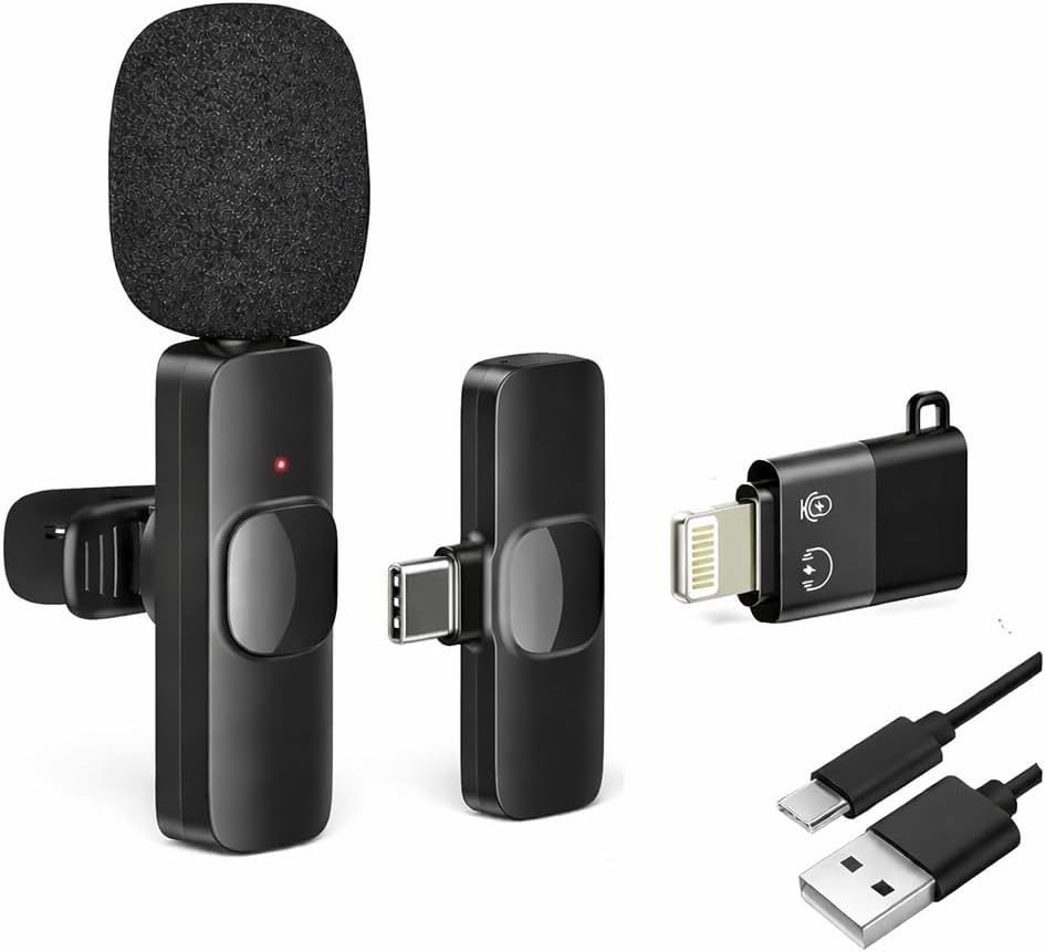 DC PRIME 2.4GHz 2 in 1 K8 Wireless Microphone, Digital Mini Portable Recording Clip Mic with Receiver for All Type-C Lightning Mobile Phones Camera Laptop for Vlogging