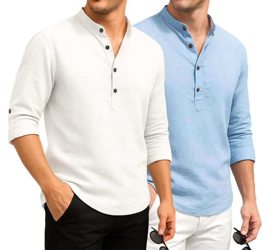 Image of DEELMO Combo of Men's Cotton Blend Solid Regular Fit Full Sleeve Short Kurta | Men's Trendy Short Kurta Pack of 2