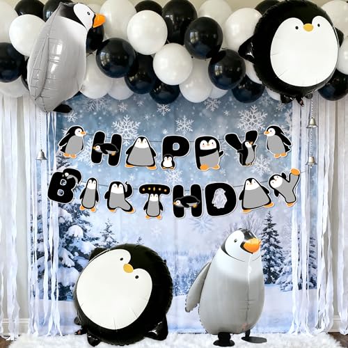 Miniatura 2 de Banderín De Cumpleaños Con Pingüinos Decoración De Cumpleaños Winter Onederland Decoración Para Fiesta De Pingüinos Globos Globos Con Copos De Nieve Para N Invierno