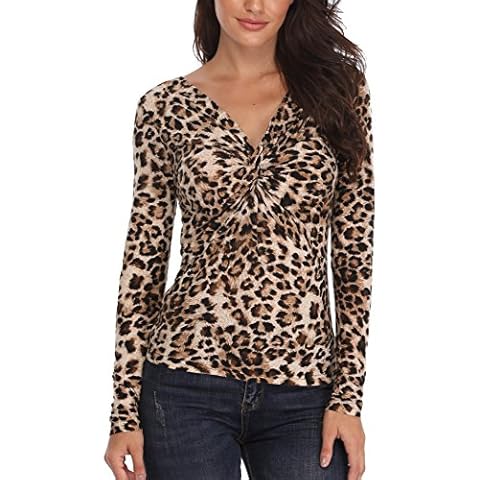 MISS MOLY Leopard Print Top Women Deep V-Neck Twist Knot Front Long Sleeve Shirt X-Large Cover