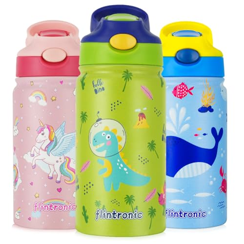 flintronic Borraccia Bambini Acciaio Inox con Cannuccia, 350ml Borraccia per Bambino, Senza BPA Thermos, Bottiglia Termica per Bambini, Bottiglia d'Acqua a Prova di Perdita per Scuola Asilo Campeggio