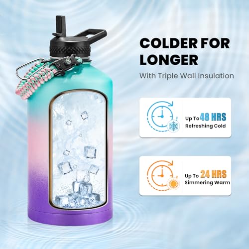 Image of RAYMYLO One Gallon Water Bottle Insulated, Triple Walled Vacuum Stainless Steel (Cold for 48 Hrs), Leak Proof & Non-BPA, Large Water Flask Jug with Paracord Handle & Straw Spout Lids