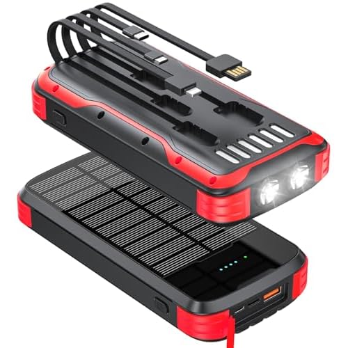 Solar Charger Power Bank, 40000mAh Portable Charger PD 20W Fast Charging Solar Power Bank Built in 4 Cables and USB-C in/Output, Camping Essentials External Battery Pack with Flashlights Red