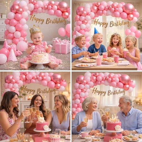 Image of Rozi Decoration Pink Balloon Kit with Rose Gold Happy Birthday Banner, Pastel Pink Metallic Balloons Garland Set for Girls Kids Adults Birthday Parties Decoration Supplies Pack of 42 Pcs