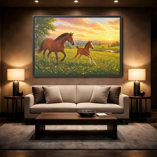 Tableau chevaux marron et or pour corriger le manque de luminosité d'un mur