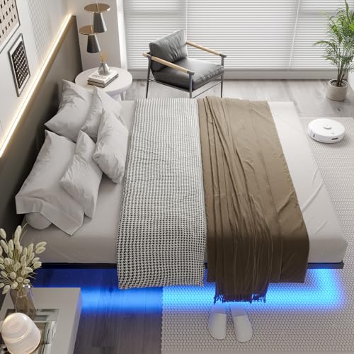 DICTAC Bett 160x200 mit LED Beleuchtung Bettgestell 160x200 mit Lattenrost aus Metall Metallbett Floating Bed Frame Gästebett Jugendbett mit Licht-Robust und Stabil, Leichte Montage,Schwarzer