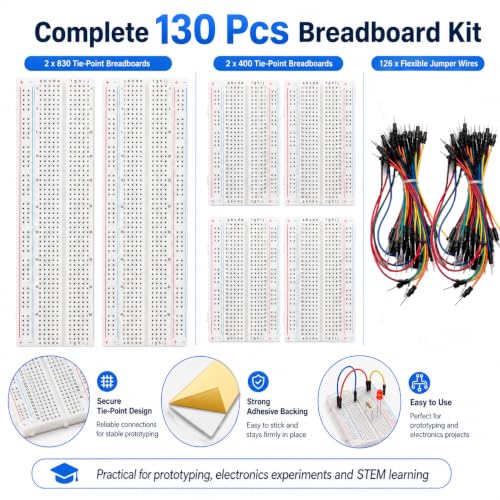Breadboard Kit with 2 Pcs 830 Tie-Point Solderless Bread Boards, 2 Pcs 400 Tie-Point Protoboards and 126 Pcs Flexible Jumper Wires for Arduino, Raspberry Pi, STEM Electronics Projects - Image 3