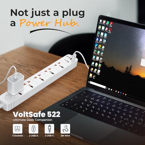 Image of OTEK Extension Board 5 Universal Sockets 3 USB Type A 1 Type C Port 2 Meter Cord 2500W 10A Surge Protector Fire Resistant ABS Body White for Home Office