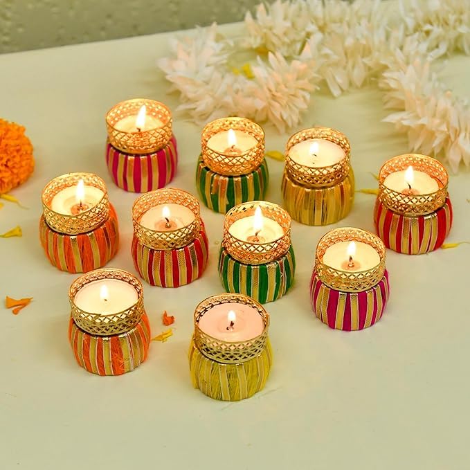 Damru Tealight Candle Holder for Diwali Deoration, Navratri, Laxmi Poojan, Room,Office Decor, Diwali Decorative Candles (Multicolor Pack of 10)-image-1