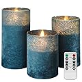 COVEGE Flickering Flameless Candles with Remote - Handmade Sandblast Glass LED Pillar Candles, Real Wax Battery Operated Candles for Home Bathroom Coastal Theme Wedding Decorations(Blue,Set of 3)