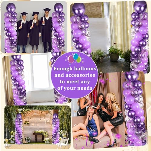 Image of 2 Sets Purple Balloon Column Stand Kit with 100 Balloons Lavender Adjustable Balloon Tower Stand with Bases for Floor Purple Confetti Balloon Column Kit for Christmas Birthday Holiday New Year
