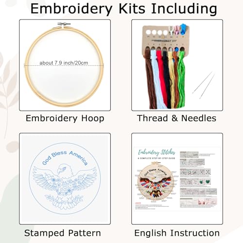 Image of Nuberlic Embroidery Kits for Beginner Adults, God Bless America Eagle Cross Stitch Starter Kit with Embroidery Hoop Needles Threads Instruction -Independence Day