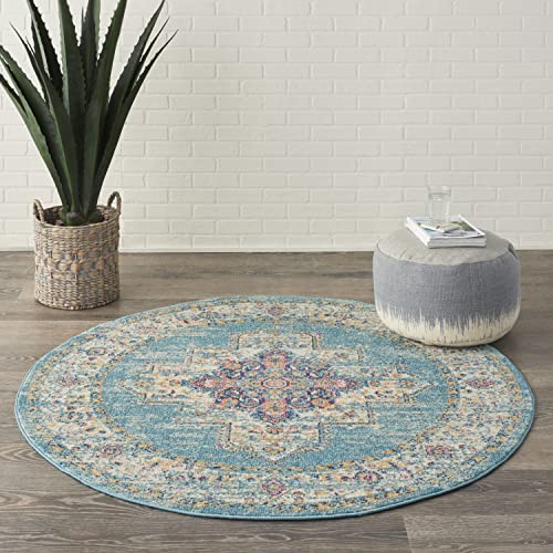 Nourison Passion Light Blue 4' x Round Area Rug, Boho, Traditional, Easy Clean, Non Shedding, Bed Room, Living Room, Hallway, (4' Round)