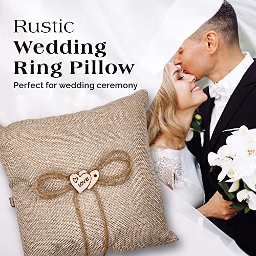 Sls Supply Flora - Burlap Ring Bearer Pillow, Classic Wedding Ring Holder, Elegant Rustic Ring Pillow With Twine Ribbon And Wooden Heart Applique, 8.5 X 8.5 Inches #TOP1