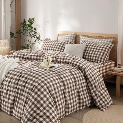Image of BESTOUCH Gingham Cotton Duvet Cover Set Cocoa Brown Twin | Washed Cotton, Linen Feel, Soft Wrinkle Texture, Hidden Zipper, 8 Ties, Breathable Lightweight Durable Comfy, 2 Pcs No Insert