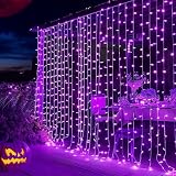 Dazzle Bright 300 LED Christmas Curtain String Lights, Halloween Fairy Lights for Bedroom with 8 Lighting Modes, Waterproof Window Light Party Wedding Garden Wall Decor, Purple