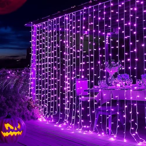 Dazzle Bright 300 LED Christmas Curtain String Lights Halloween Fairy Lights for Bedroom with 8 Lighting Modes Waterproof Window Light Party Wedding Garden Wall Decor Purple