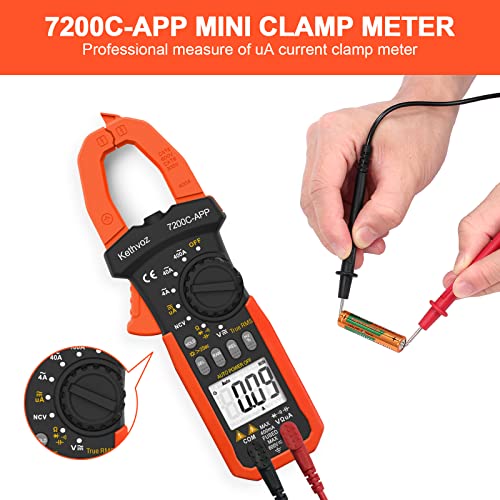 Bluetooth Stromzange Clamp Meter, Kethvoz 4000 Counts TRMS Zangenmultimeter Auto Range Messung 0-400A DC/AC Strom Spannung Ohm Kapazität Durchgang NCV, Digitale Zangenamperemeter