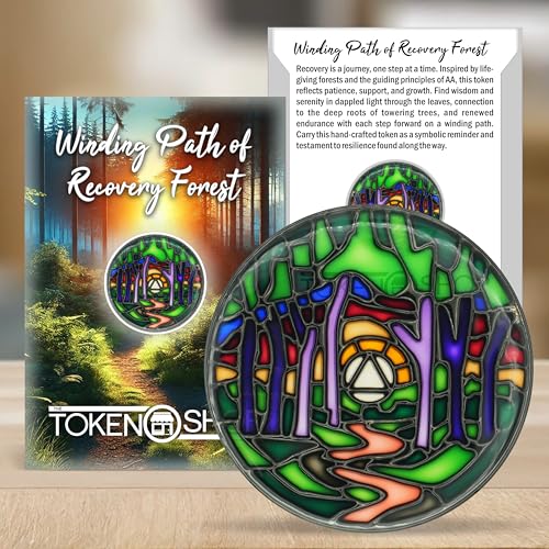 stained glass aa coin scenic journey alcoholics anonymous addiction recovery sobriety chip medallion inspirational sober gifts for men and women by the token shop winding path of recovery forest