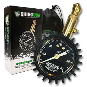 Rhino USA Heavy Duty Tyre Pressure Gauge (0-60 PSI) – Certified ANSI B40.1 Accurate, Large Glow Dial, 360 Swivel Head, Solid Brass Hardware – Car Tyre Pressure Gauge for Any Car, Truck, Motorbike, RV