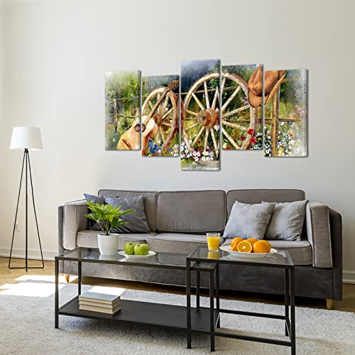 Levvarts Rustic Western Wall Art Decor Vintage Wheel Painting Canvas Cowboy Guitar Picture Poster Farm Country Scenic Theme Art Prints Easy To Hang #TOP2