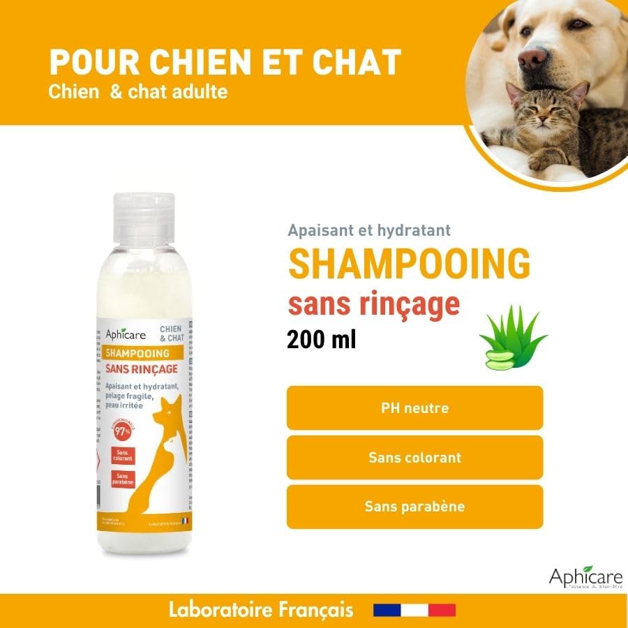 Shampooing Doux sans rinçage - Chien et Chat - Apaisant et hydratant - Pelage Fragile - Peau irritée - 97 % d’Origine Naturelle - 200 ML - Fabrication française