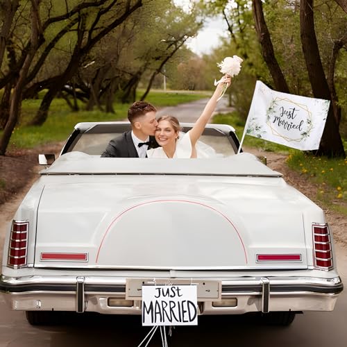 BOFUNX 2 Stücke Just Married Autofahne Hochzeit Autoflagge Hochzeitsfahne Autoschmuck Hochzeitsdeko 47×30cm